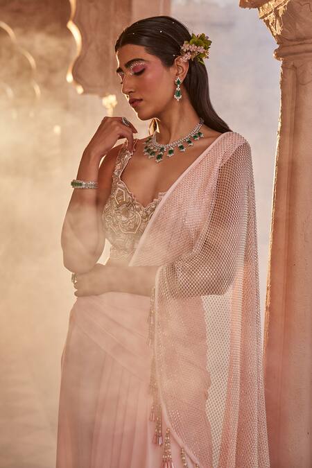 Kaaisha By Shalini_Peach Italian Georgette Embellished Crystal Pre-draped Saree With Blouse_Online_at_Aza_Fashions