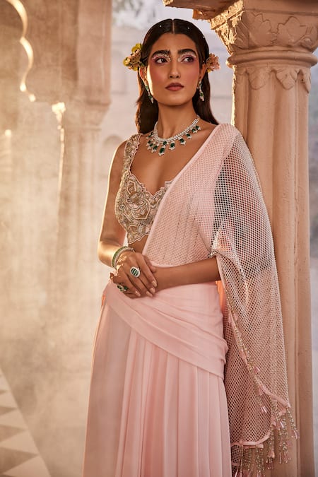 Buy_Kaaisha By Shalini_Peach Italian Georgette Embellished Crystal Pre-draped Saree With Blouse_Online_at_Aza_Fashions