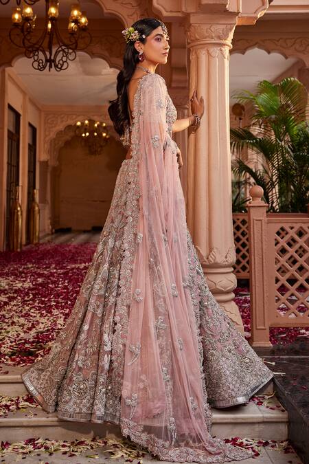 Buy_Kaaisha By Shalini_Pink Organza Embellished Sequin Sweetheart Neck Swarovski Bridal Lehenga Set_Online_at_Aza_Fashions