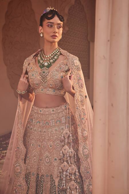 Kaaisha By Shalini_Beige Organza Embellished Dabka V Neck Zari Bridal Lehenga Set_Online_at_Aza_Fashions