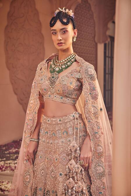 Buy_Kaaisha By Shalini_Beige Organza Embellished Dabka V Neck Zari Bridal Lehenga Set_Online_at_Aza_Fashions