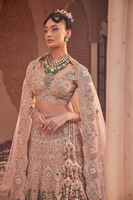 Shop_Kaaisha By Shalini_Beige Organza Embellished Dabka V Neck Zari Bridal Lehenga Set_Online_at_Aza_Fashions