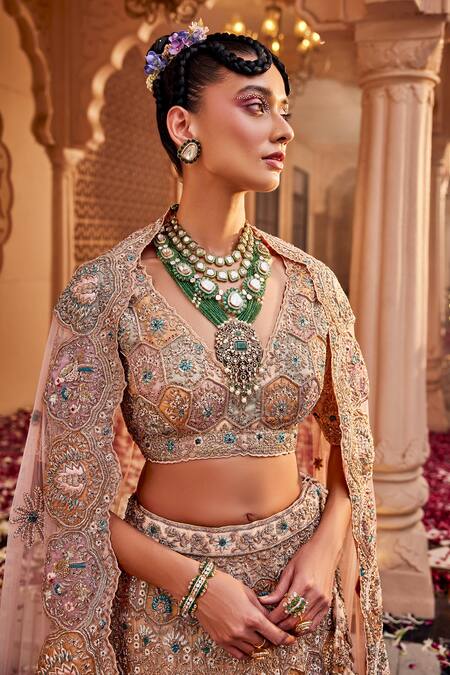 Kaaisha By Shalini_Beige Organza Embellished Dabka V Neck Zari Bridal Lehenga Set_at_Aza_Fashions