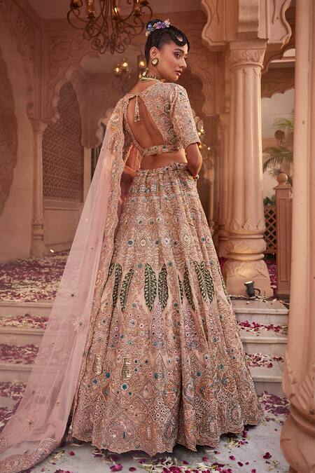 Buy_Kaaisha By Shalini_Beige Organza Embellished Dabka V Neck Zari Bridal Lehenga Set
