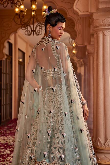 Kaaisha By Shalini_Green Silk, Tulle Beads, Sequins Scoop Geometric Embroidered Bridal Lehenga Set_Online_at_Aza_Fashions