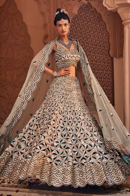 Shop_Kaaisha By Shalini_Green Silk, Tulle Beads, Sequins Scoop Geometric Embroidered Bridal Lehenga Set_Online_at_Aza_Fashions