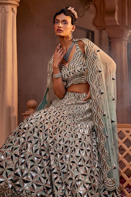 Kaaisha By Shalini_Green Silk, Tulle Beads, Sequins Scoop Geometric Embroidered Bridal Lehenga Set_at_Aza_Fashions