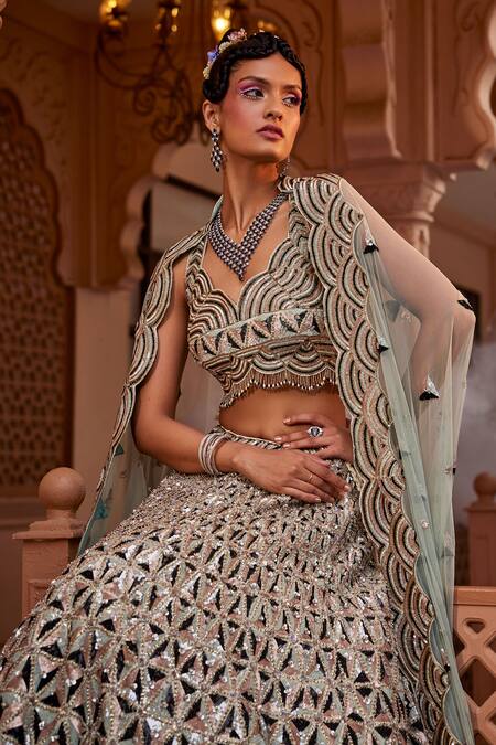Buy_Kaaisha By Shalini_Green Silk, Tulle Beads, Sequins Scoop Geometric Embroidered Bridal Lehenga Set