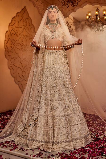 Kaaisha By Shalini_Ivory Organza, Tulle, Linen Pearls, Sequins, Mughal Floral Bridal Lehenga Set_Online_at_Aza_Fashions