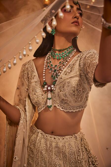 Buy_Kaaisha By Shalini_Ivory Organza, Tulle, Linen Pearls, Sequins, Mughal Floral Bridal Lehenga Set_Online_at_Aza_Fashions