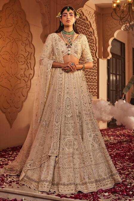 Shop_Kaaisha By Shalini_Ivory Organza, Tulle, Linen Pearls, Sequins, Mughal Floral Bridal Lehenga Set_Online_at_Aza_Fashions