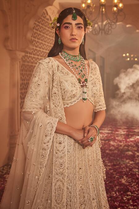 Kaaisha By Shalini_Ivory Organza, Tulle, Linen Pearls, Sequins, Mughal Floral Bridal Lehenga Set_at_Aza_Fashions