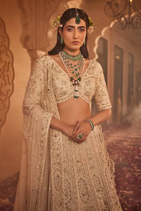 Buy_Kaaisha By Shalini_Ivory Organza, Tulle, Linen Pearls, Sequins, Mughal Floral Bridal Lehenga Set