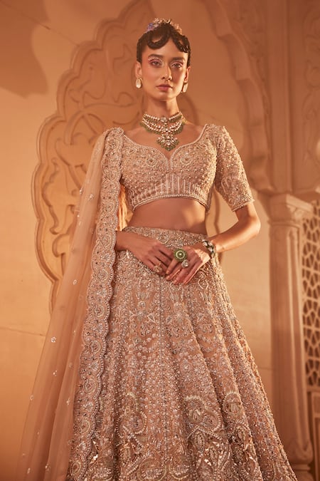 Kaaisha By Shalini_Beige Organza Embroidered Pearls Plunged Leaf Bridal Lehenga Set_Online_at_Aza_Fashions