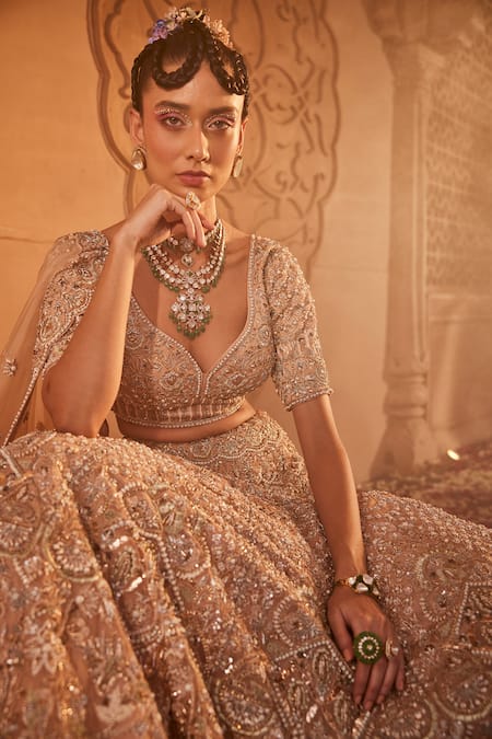 Buy_Kaaisha By Shalini_Beige Organza Embroidered Pearls Plunged Leaf Bridal Lehenga Set_Online_at_Aza_Fashions