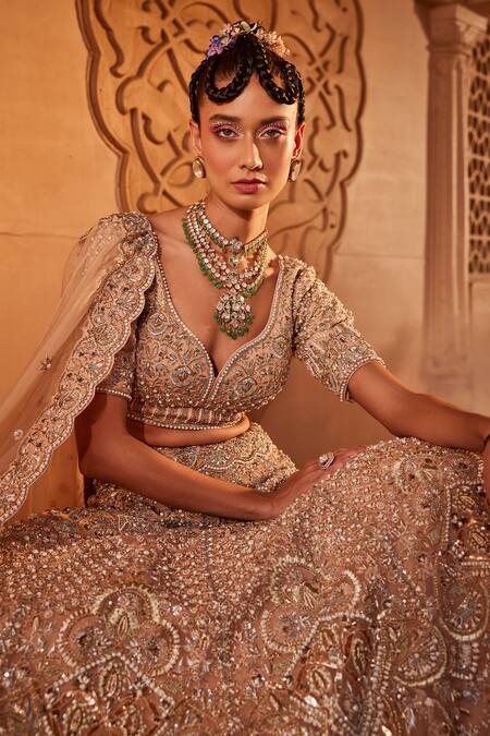 Shop_Kaaisha By Shalini_Beige Organza Embroidered Pearls Plunged Leaf Bridal Lehenga Set_Online_at_Aza_Fashions