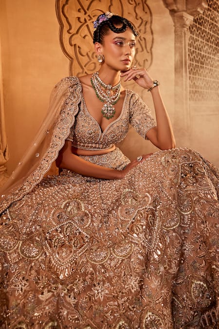Kaaisha By Shalini_Beige Organza Embroidered Pearls Plunged Leaf Bridal Lehenga Set_at_Aza_Fashions