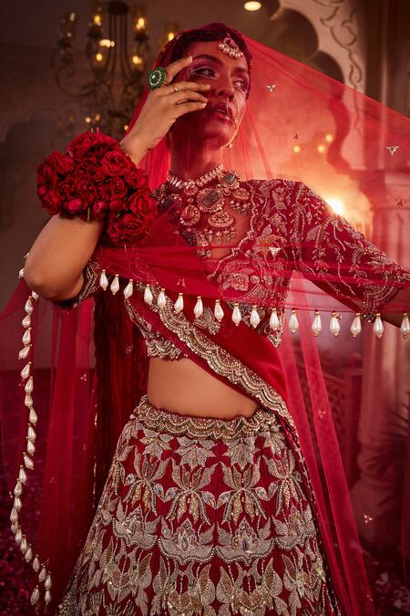 Kaaisha By Shalini Wine Organza, Silk Pearls, Beads, Cut Botanic Embroidered Bridal Lehenga Set Online at Aza Fashions Kaaisha By Shalini_Wine Organza, Silk Pearls, Beads, Cut Botanic Embroidered Bridal Lehenga Set_Online_at_Aza_Fashions