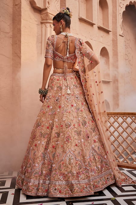 Shop Kaaisha By Shalini Beige Organza, Tulle Beads, Zari, Floral Vine Embroidered Bridal Lehenga Set at Aza Fashions Shop_Kaaisha By Shalini_Beige Organza, Tulle Beads, Zari, Floral Vine Embroidered Bridal Lehenga Set_at_Aza_Fashions