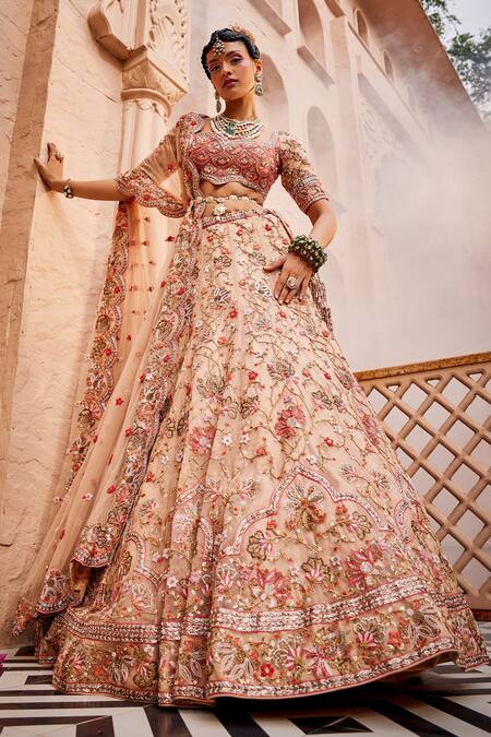 Kaaisha By Shalini Beige Organza, Tulle Beads, Zari, Floral Vine Embroidered Bridal Lehenga Set Online at Aza Fashions Kaaisha By Shalini_Beige Organza, Tulle Beads, Zari, Floral Vine Embroidered Bridal Lehenga Set_Online_at_Aza_Fashions