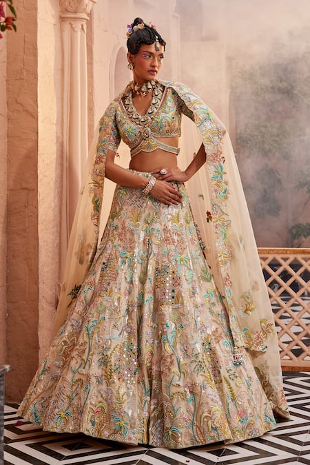 Buy Pale Pink Lehenga Set with Swarovski Crystals and Hand Embroidery by  VARUN BAHL at Ogaan Online Shopping Site