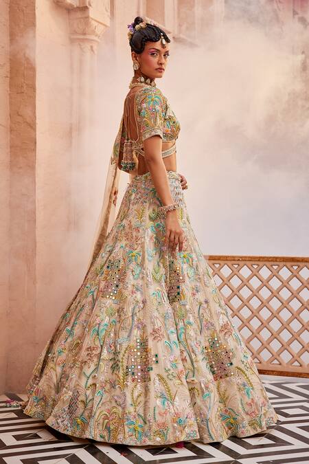 Shop Kaaisha By Shalini Multi Color Organza Embroidered Sequins Plunged V Botanic Bridal Lehenga Set at Aza Fashions Shop_Kaaisha By Shalini_Multi Color Organza Embroidered Sequins Plunged V Botanic Bridal Lehenga Set_at_Aza_Fashions