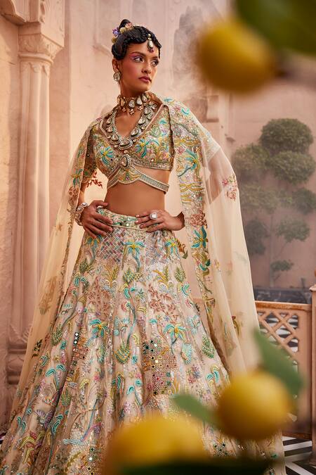 Kaaisha By Shalini Multi Color Organza Embroidered Sequins Plunged V Botanic Bridal Lehenga Set Online at Aza Fashions Kaaisha By Shalini_Multi Color Organza Embroidered Sequins Plunged V Botanic Bridal Lehenga Set_Online_at_Aza_Fashions