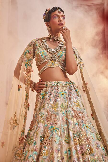 Buy Kaaisha By Shalini Multi Color Organza Embroidered Sequins Plunged V Botanic Bridal Lehenga Set Online at Aza Fashions Buy_Kaaisha By Shalini_Multi Color Organza Embroidered Sequins Plunged V Botanic Bridal Lehenga Set_Online_at_Aza_Fashions