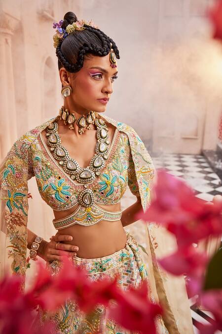 Shop Kaaisha By Shalini Multi Color Organza Embroidered Sequins Plunged V Botanic Bridal Lehenga Set Online at Aza Fashions Shop_Kaaisha By Shalini_Multi Color Organza Embroidered Sequins Plunged V Botanic Bridal Lehenga Set_Online_at_Aza_Fashions