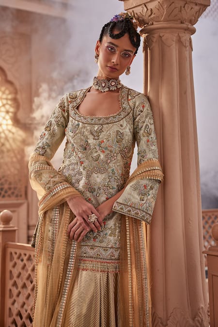 Kaaisha By Shalini Gold Italian Lycra/ Silk Embroidered Beads Matka Botanic Kurta Sharara Set Online at Aza Fashions Kaaisha By Shalini_Gold Italian Lycra/ Silk Embroidered Beads Matka Botanic Kurta Sharara Set_Online_at_Aza_Fashions