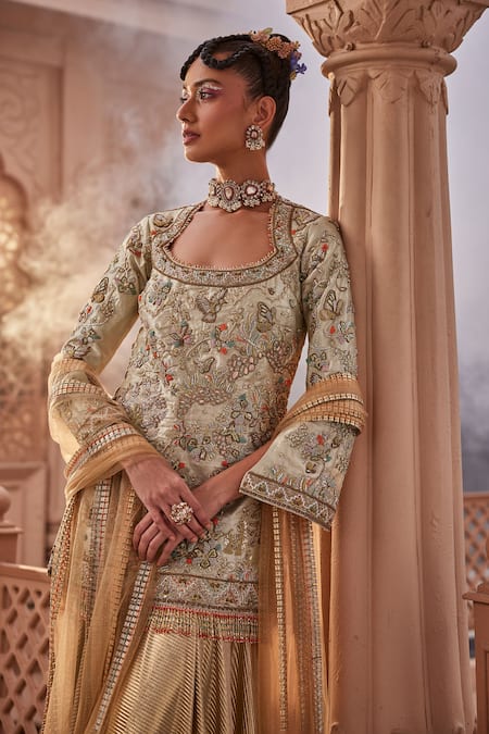 Buy Kaaisha By Shalini Gold Italian Lycra/ Silk Embroidered Beads Matka Botanic Kurta Sharara Set Online at Aza Fashions Buy_Kaaisha By Shalini_Gold Italian Lycra/ Silk Embroidered Beads Matka Botanic Kurta Sharara Set_Online_at_Aza_Fashions