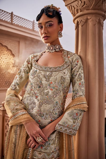 Shop Kaaisha By Shalini Gold Italian Lycra/ Silk Embroidered Beads Matka Botanic Kurta Sharara Set Online at Aza Fashions Shop_Kaaisha By Shalini_Gold Italian Lycra/ Silk Embroidered Beads Matka Botanic Kurta Sharara Set_Online_at_Aza_Fashions