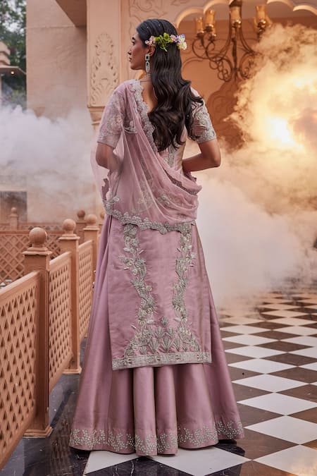 Shop Kaaisha By Shalini Pink Taffeta, Silk, Tulle Cut Work, Floral Embroidered Kurta Lehenga Set at Aza Fashions Shop_Kaaisha By Shalini_Pink Taffeta, Silk, Tulle Cut Work, Floral Embroidered Kurta Lehenga Set_at_Aza_Fashions