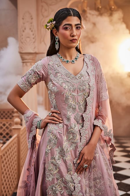 Kaaisha By Shalini Pink Taffeta, Silk, Tulle Cut Work, Floral Embroidered Kurta Lehenga Set Online at Aza Fashions Kaaisha By Shalini_Pink Taffeta, Silk, Tulle Cut Work, Floral Embroidered Kurta Lehenga Set_Online_at_Aza_Fashions