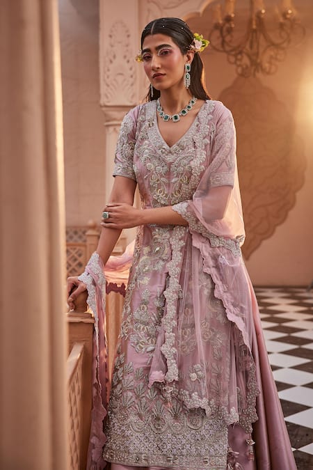 Buy Kaaisha By Shalini Pink Taffeta, Silk, Tulle Cut Work, Floral Embroidered Kurta Lehenga Set Online at Aza Fashions Buy_Kaaisha By Shalini_Pink Taffeta, Silk, Tulle Cut Work, Floral Embroidered Kurta Lehenga Set_Online_at_Aza_Fashions