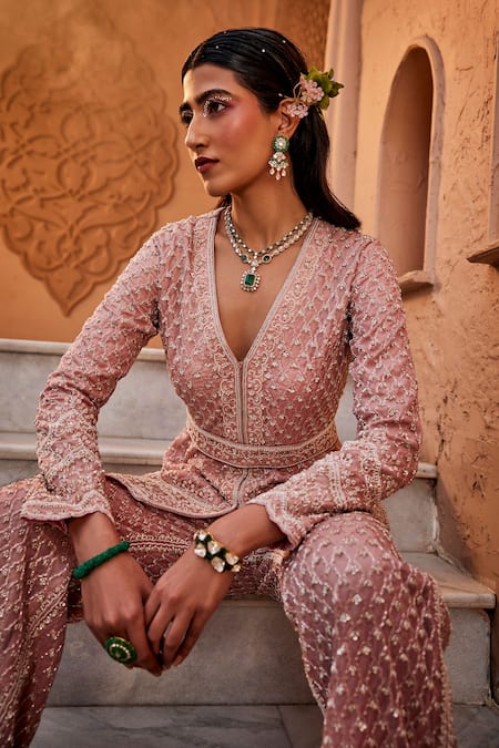 Kaaisha By Shalini_Peach Organza Sequins, Beads, Cut Work Jaali Embroidered Jacket And Pant Set_Online_at_Aza_Fashions