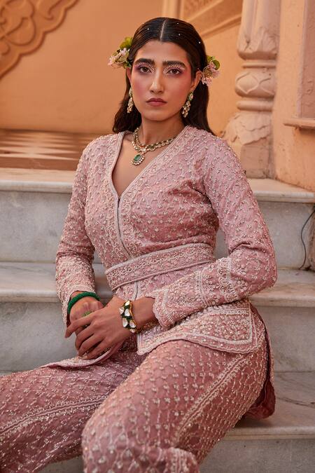 Buy_Kaaisha By Shalini_Peach Organza Sequins, Beads, Cut Work Jaali Embroidered Jacket And Pant Set_Online_at_Aza_Fashions