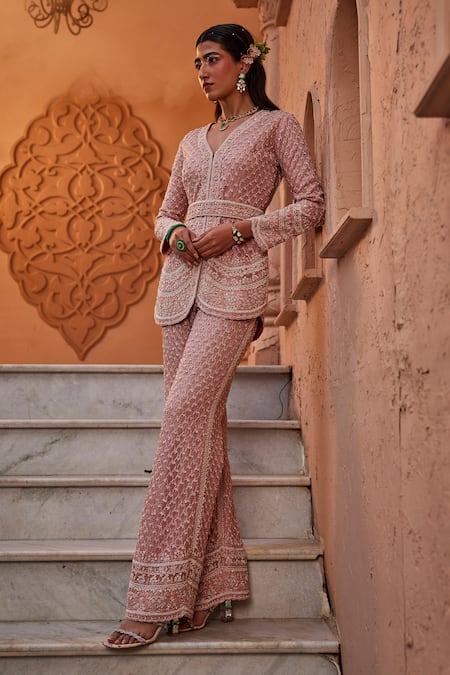 Shop_Kaaisha By Shalini_Peach Organza Sequins, Beads, Cut Work Jaali Embroidered Jacket And Pant Set_Online_at_Aza_Fashions