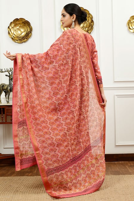 Shop_Sheeshakari_Pink Silk, Cotton Beads, Mirrors Split Floral Paisley Pattern Kurta Pant Set _at_Aza_Fashions