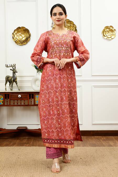 Sheeshakari_Pink Silk, Cotton Beads, Mirrors Split Floral Paisley Pattern Kurta Pant Set _Online_at_Aza_Fashions