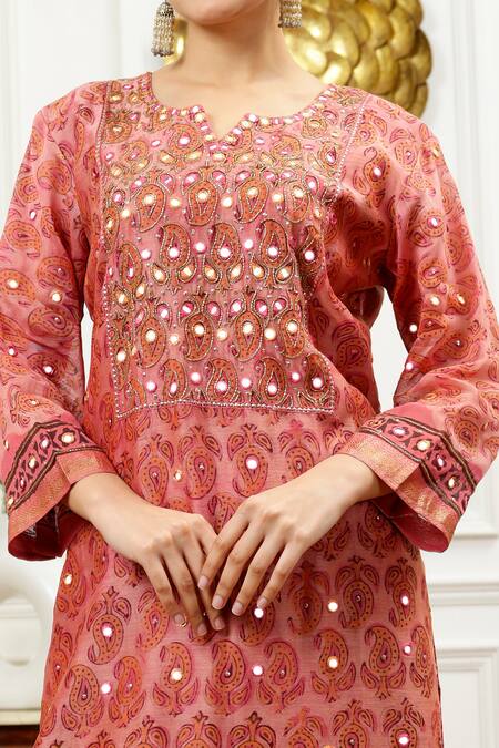Buy_Sheeshakari_Pink Silk, Cotton Beads, Mirrors Split Floral Paisley Pattern Kurta Pant Set _Online_at_Aza_Fashions