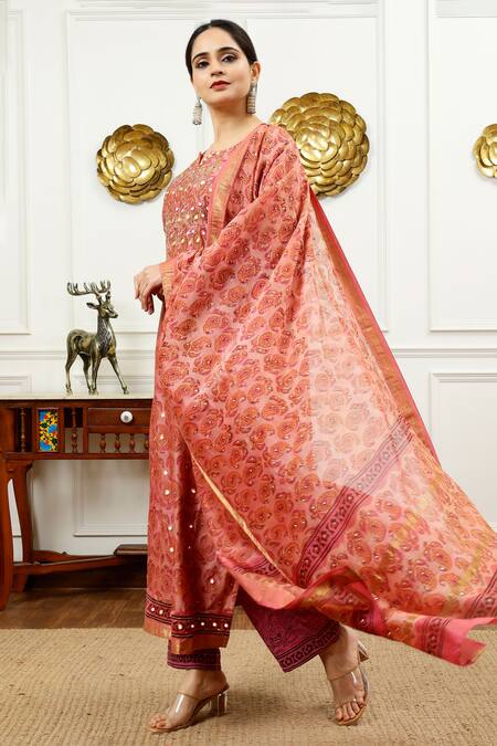Shop_Sheeshakari_Pink Silk, Cotton Beads, Mirrors Split Floral Paisley Pattern Kurta Pant Set _Online_at_Aza_Fashions