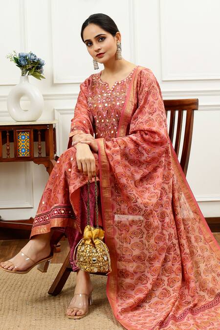 Sheeshakari_Pink Silk, Cotton Beads, Mirrors Split Floral Paisley Pattern Kurta Pant Set _at_Aza_Fashions