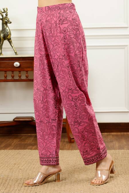 Buy_Sheeshakari_Pink Silk, Cotton Beads, Mirrors Split Floral Paisley Pattern Kurta Pant Set 