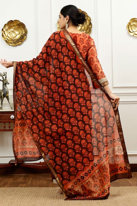 Shop_Sheeshakari_Orange Silk, Cotton Embroidery, Beads, Abstract Floral Pattern Kurta Pant Set _at_Aza_Fashions