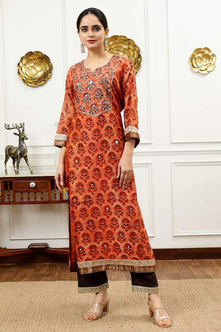 Sheeshakari_Orange Silk, Cotton Embroidery, Beads, Abstract Floral Pattern Kurta Pant Set _Online_at_Aza_Fashions
