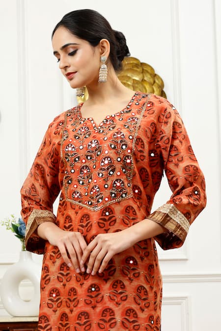 Buy_Sheeshakari_Orange Silk, Cotton Embroidery, Beads, Abstract Floral Pattern Kurta Pant Set _Online_at_Aza_Fashions
