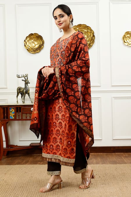 Shop_Sheeshakari_Orange Silk, Cotton Embroidery, Beads, Abstract Floral Pattern Kurta Pant Set _Online_at_Aza_Fashions