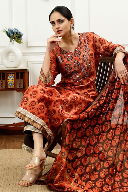 Sheeshakari_Orange Silk, Cotton Embroidery, Beads, Abstract Floral Pattern Kurta Pant Set _at_Aza_Fashions