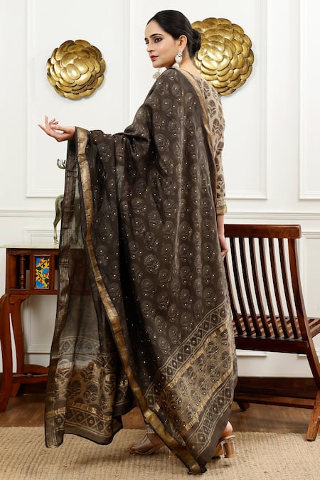 Shop_Sheeshakari_Brown Silk, Cotton Embroidery, Beads, Floral Abstract Pattern Kurta Pant Set _at_Aza_Fashions